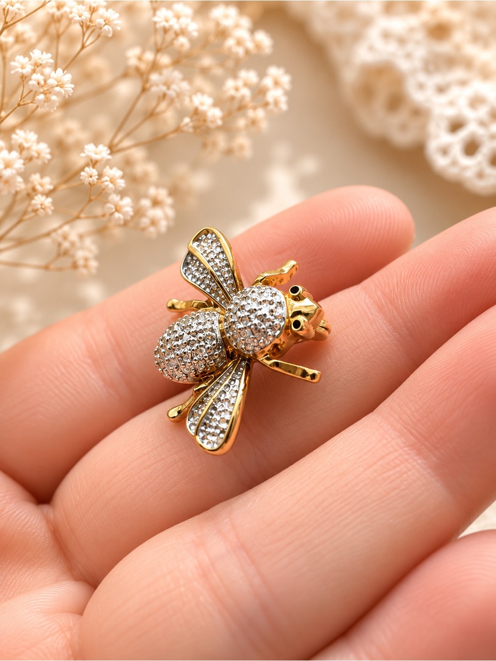 Vintage Sterling Silver Vermeil Small Bee Bug Brooch Pin 1", 925 Gold Silver